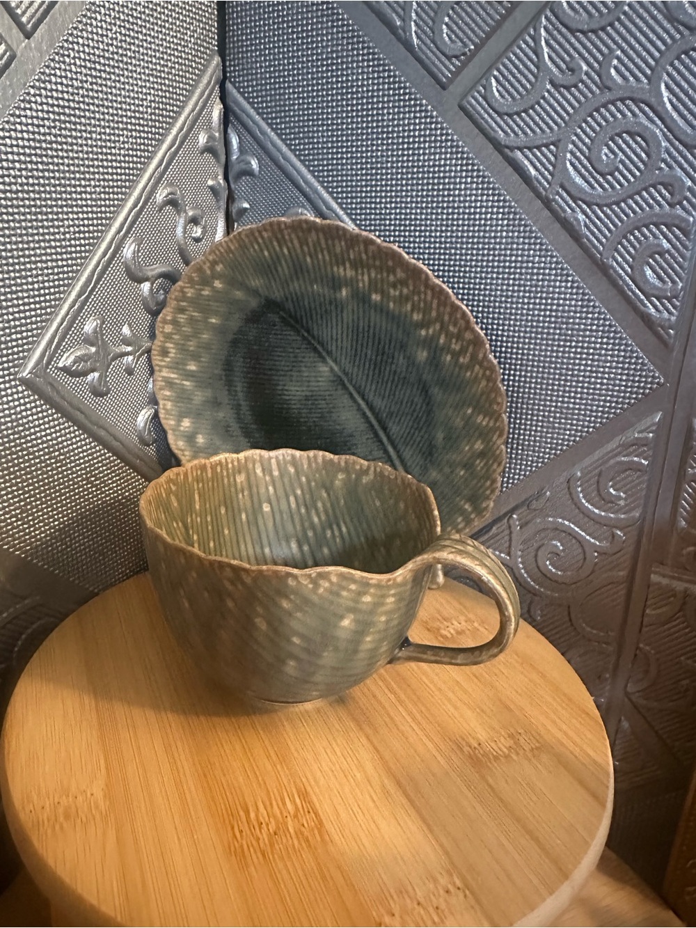 Fine Celadon Leaf Form Cup and Saucer Kotobuki Pottery Japan